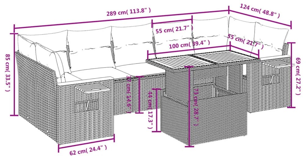 8 részes bézs polyrattan kerti ülőgarnitúra párnával