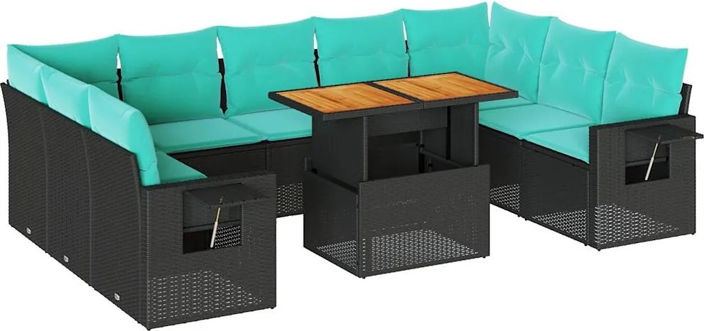 vidaXL 10 részes fekete polyrattan kerti ülőgarnitúra párnákkal