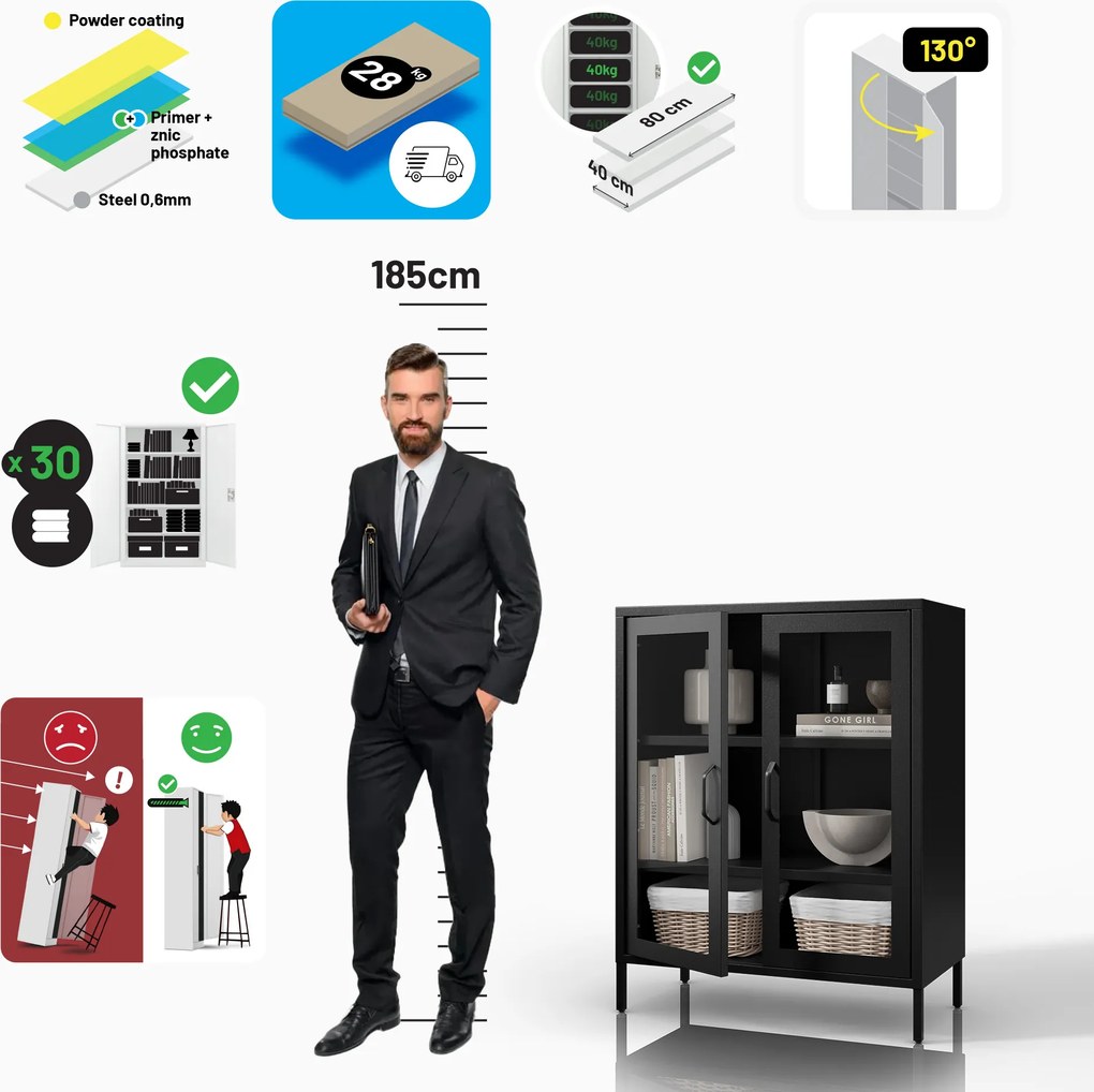 GINA Modern fekete alacsony üveges vitrin 800 x 1015 x 400 mm