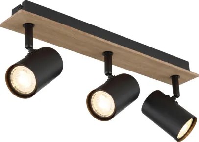 Globo 57905-3 Mennyezeti lámpa, fekete matt fém spotlámpa, sötét fa mintázatú MDF, HxSzxM: 410x60x152mm, 3x GU10 35W 230V izzók nélkül