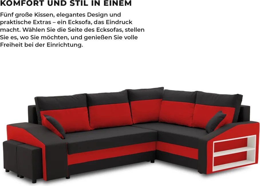 Grande sarokkanapé polcokkal és puffokkal , polc a jobb karfaban puffok a bal karfaban, jobboldali, szövet anyag, bonell töltet, fekete - piros