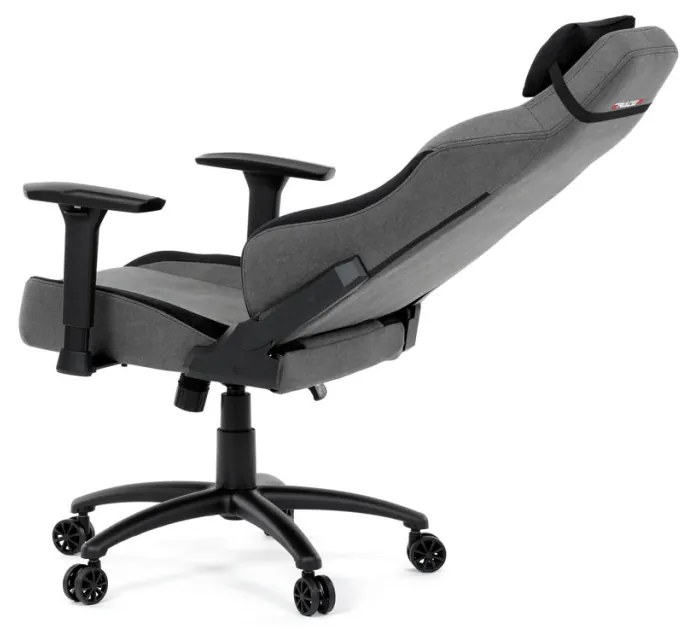 Scaun pivotant pentru gamer, țesătură gri, structură balansoar, poziționare spătar 90°-180°, cotiere 3D, spumă cu memorie și perne