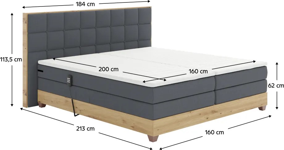 Elektromos állítható ágy, boxspring, sötétszürke/artisan tölgy, 160x200, TIANA