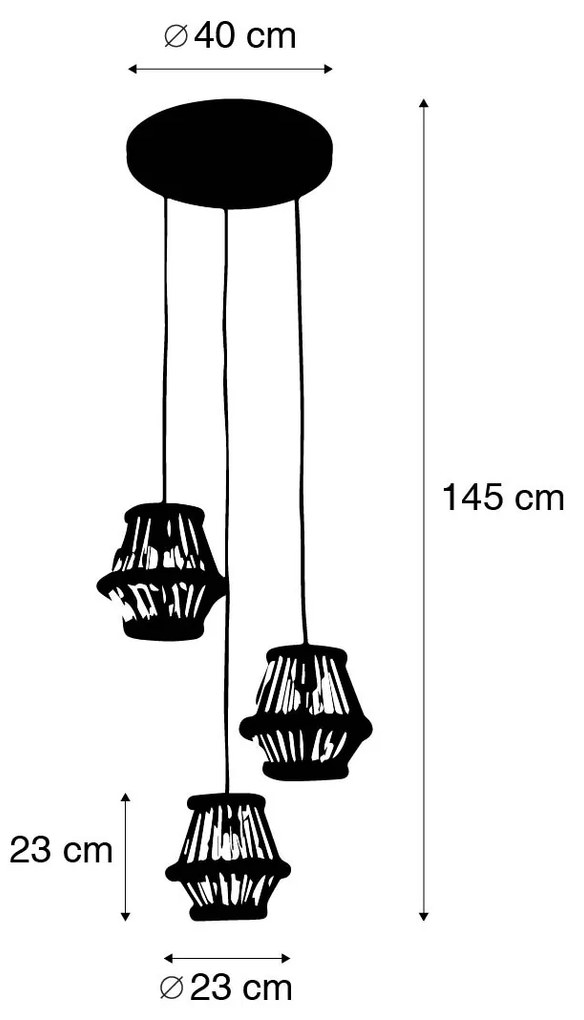 Orientális függőlámpa bambuszból fekete kerek 3-lámpás - Evalin