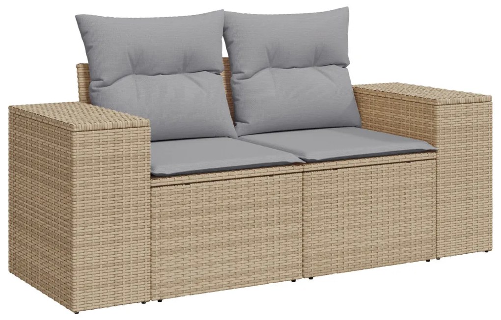 13 darabos Kert Sofa Szett Párnákkal Bézs Poli Rattan Akáciával, 3 darabos Kert Étkező Szett Párnákkal Bézs Poli Rattan Akáciával