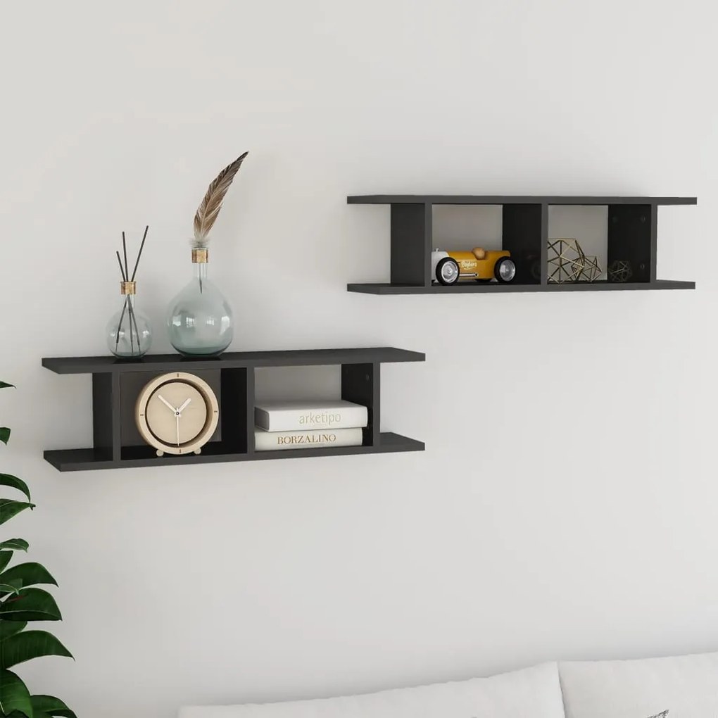 2 db magasfényű szürke szerelt fa fali polc 75 x 18 x 20 cm