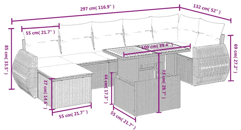 8 részes bézs polyrattan kerti ülőgarnitúra párnával