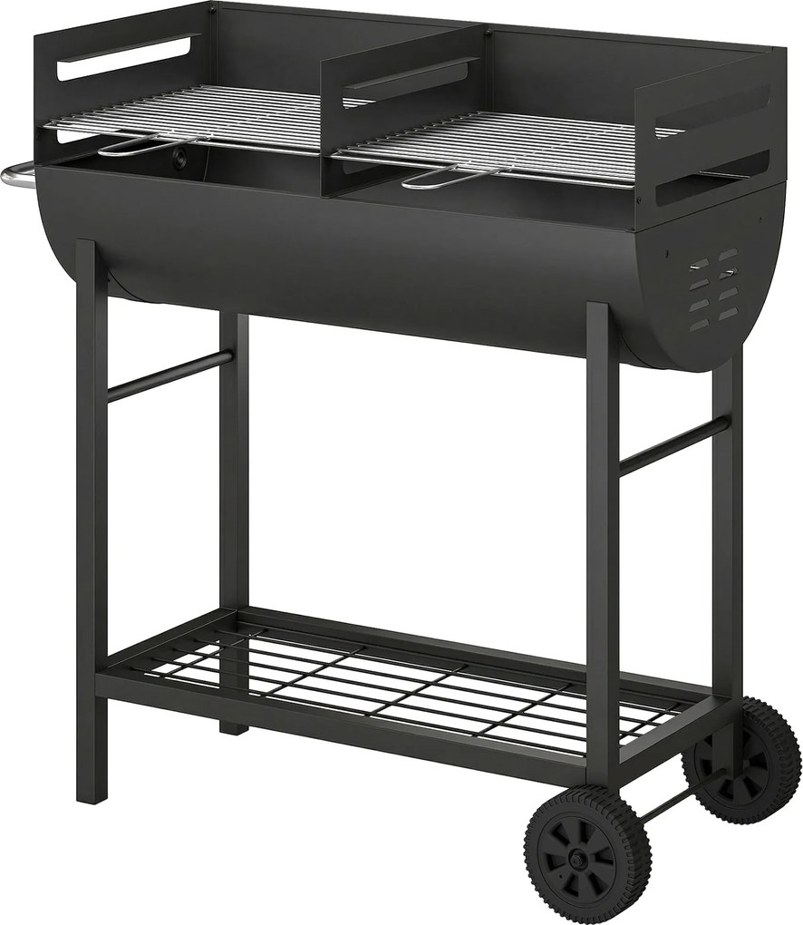 Outsunny faszenes grillkocsi két sütőzónával, állítható rostélyokkal, fa polccal és kerekekkel – hordozható grill (103 x 46,5 x 100 cm) Fekete | Aosom