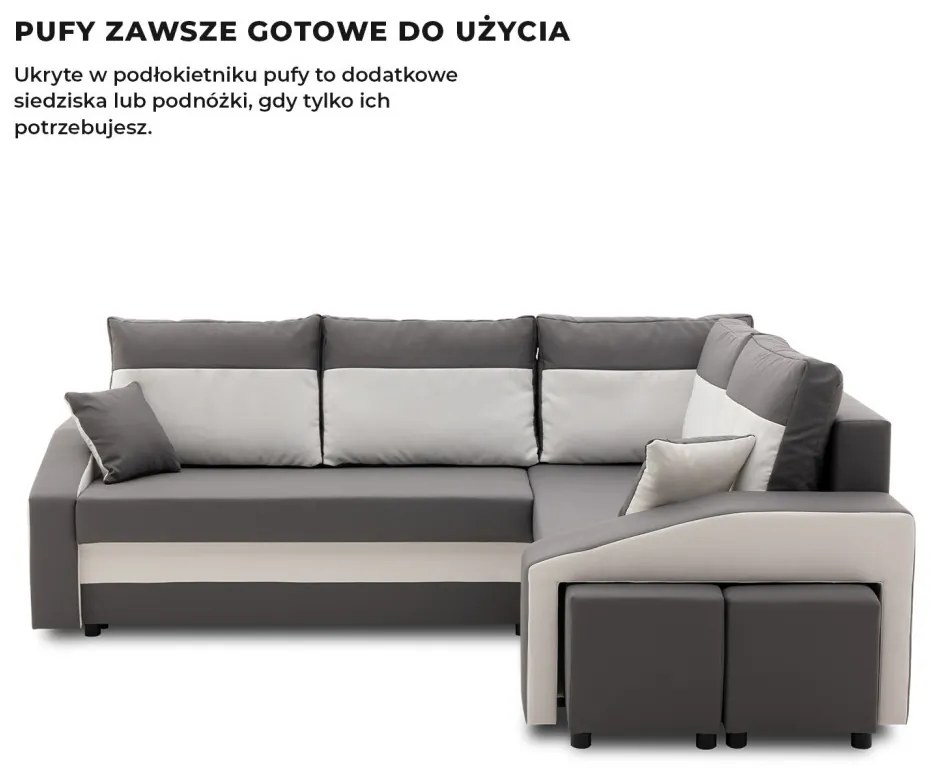 Grande sarokkanapé polcokkal és puffokkal , polc a bal karfaban puffok a jobb karfaban, jobboldali, szövet anyag, hab töltet, szürke - fehér