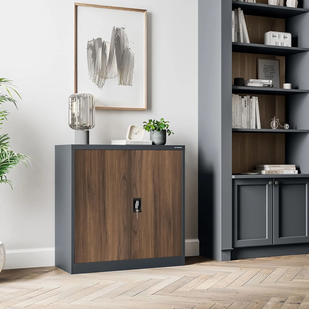 Alacsony fém irattartó szekrény BEATA, 900 x 930 x 400 mm, Eco Design: antracit/ dió