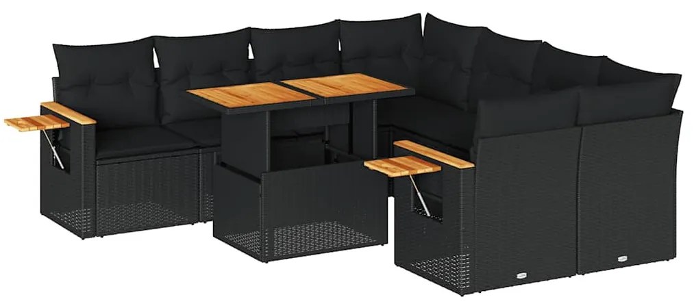 9 részes fekete polyrattan akácfa kerti ülőgarnitúra párnákkal