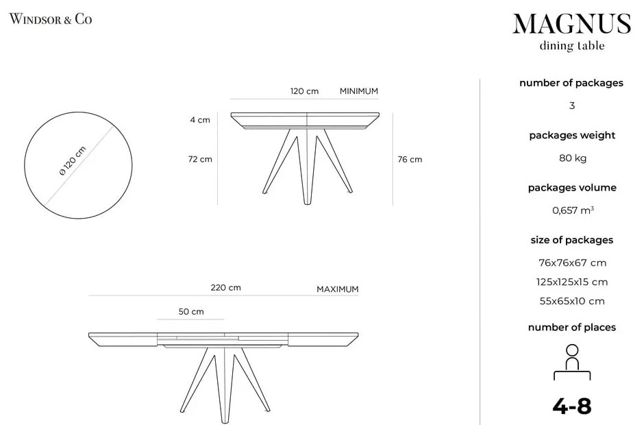 Magnus bővíthető étkezőasztal fekete fémlábakkal, ø 120 cm - Windsor & Co Sofas