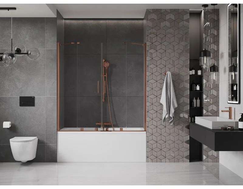 Mexen Velar Duo, 2 szárnyas eltolható kádparaván 150 x 150 cm, 8mm átlátszó üveg, rózsa arany profil, 896-150-000-02-60