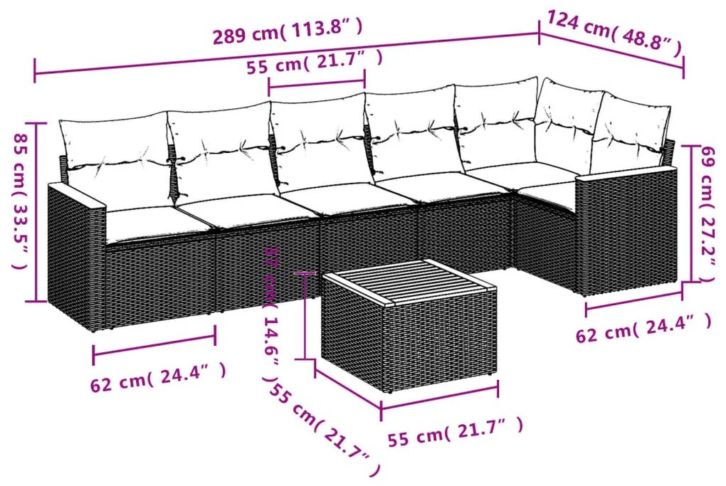 7 részes fekete polyrattan kerti ülőgarnitúra párnával