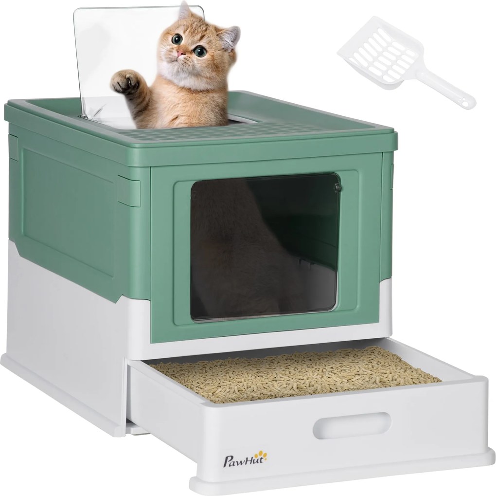 PawHut Zárt Macska WC Kivehető Higiéniai Tálcával, Elülső Bejárattal és Felső Kilépővel, Lapáttal Macskák Számára 5 kg-ig 47,5x35,5x36,7 cm Zöld és Fe