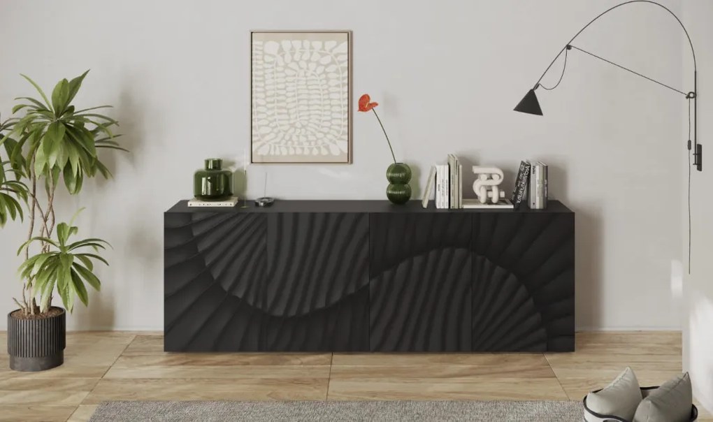 SNAKE négyajtós komód, antracitszürke laminált testtel és antracitszürke, díszített mintázatú előlapokkal