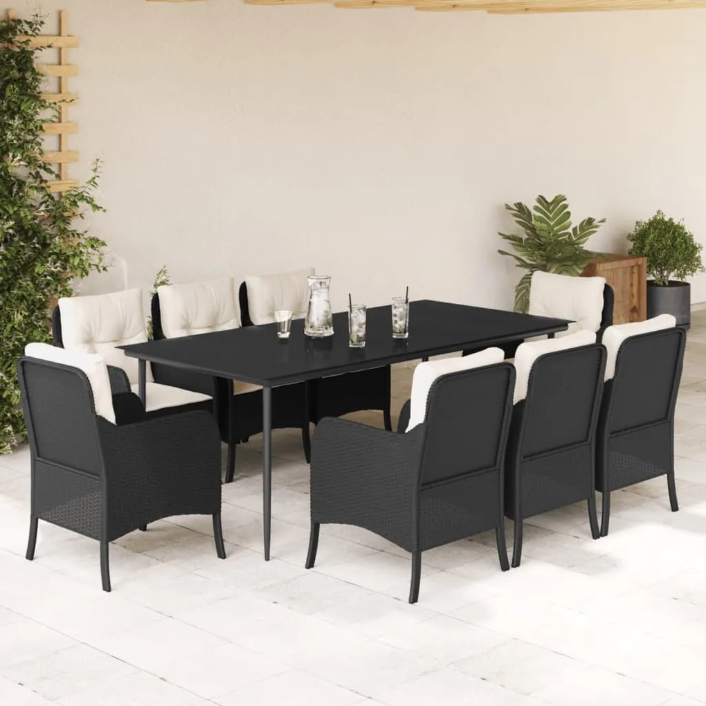 9 részes fekete polyrattan kerti étkezőgarnitúra párnákkal