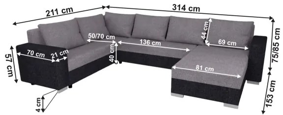 YORK kárpitozott, univerzális, kihúzható U-alakú ülőgarnitúra, szürke/fekete