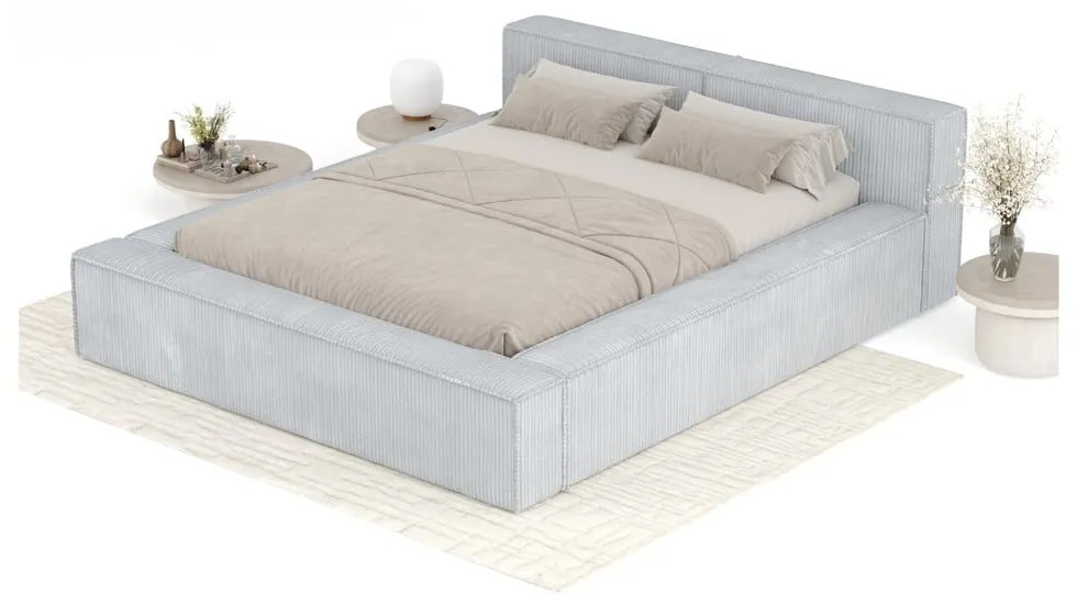 Világosszürke kárpitozott ágyneműtartós franciaágy ágyráccsal 200x200 cm Voliera – Maison de Rêve