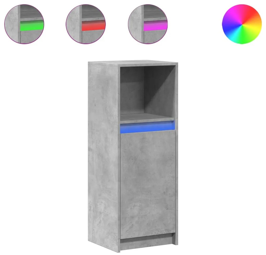 betonszürke szerelt fa tálalószekrény LED-del 38 x 34 x 100 cm