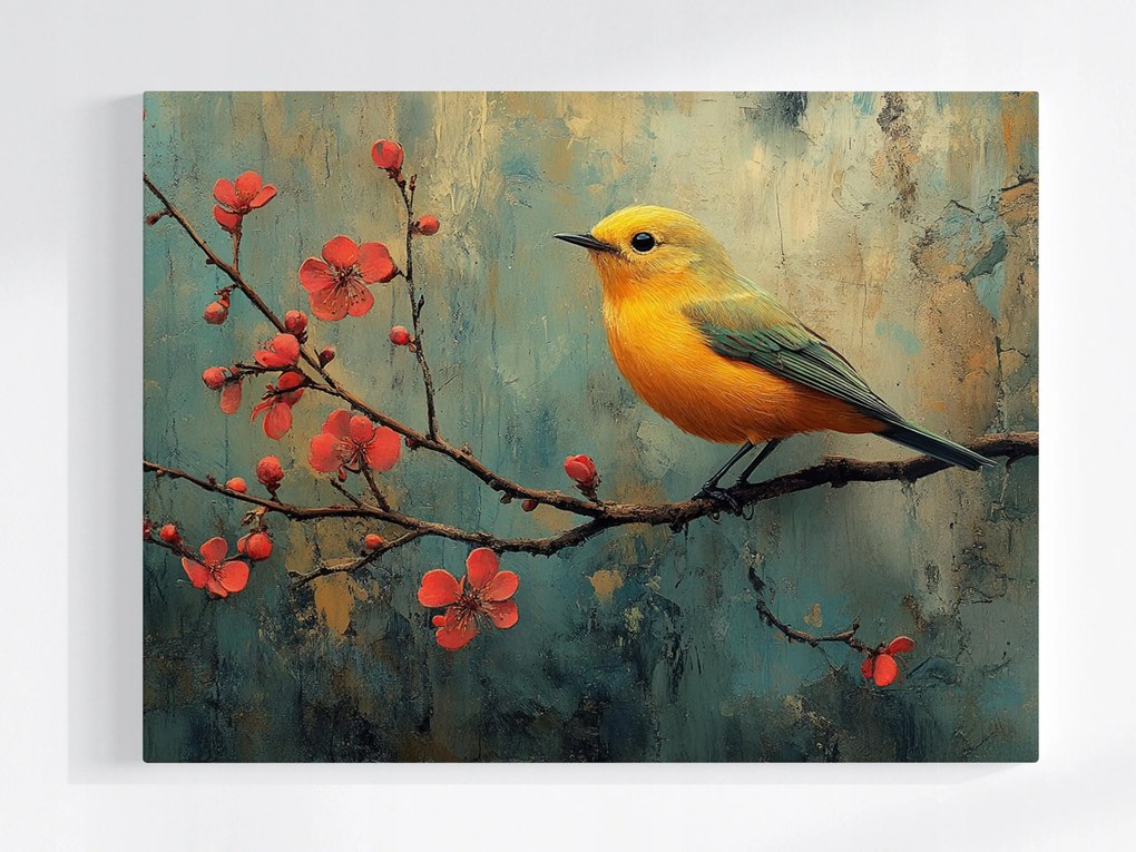 Vászonkép Canvas Sárga Madár Fa Virágok Természet 100x75