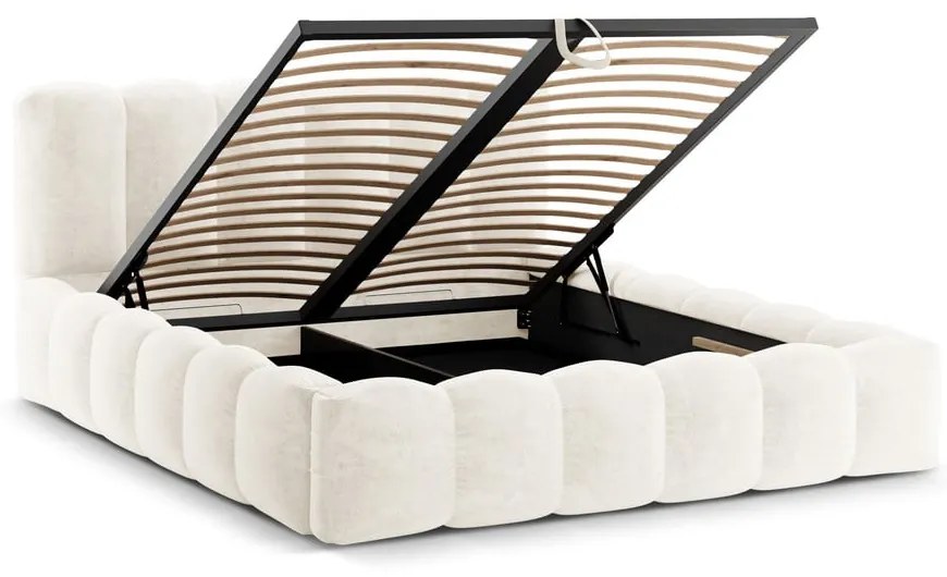 Krémszínű kárpitozott ágyneműtartós franciaágy ágyráccsal 200x200 cm Lupine – Micadoni