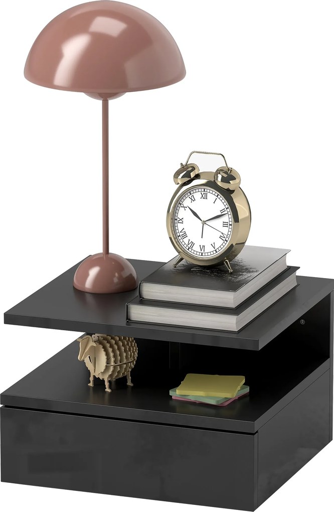 HOMCOM Modern Függő Ágymelléki Asztal hálószobához, Modern Éjjeli Asztalka, Fa Fiókkal és Felső Polccal, 35x32x22.5cm, Fényes Fekete | Aosom