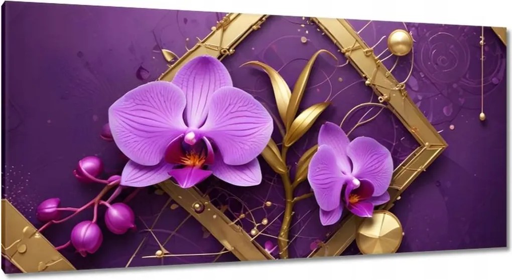 Vászonkép 115x55 Lila orchideák és arany