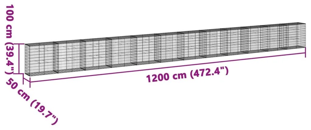 horganyzott vas gabion kosár fedéllel 1200 x 50 x 100 cm