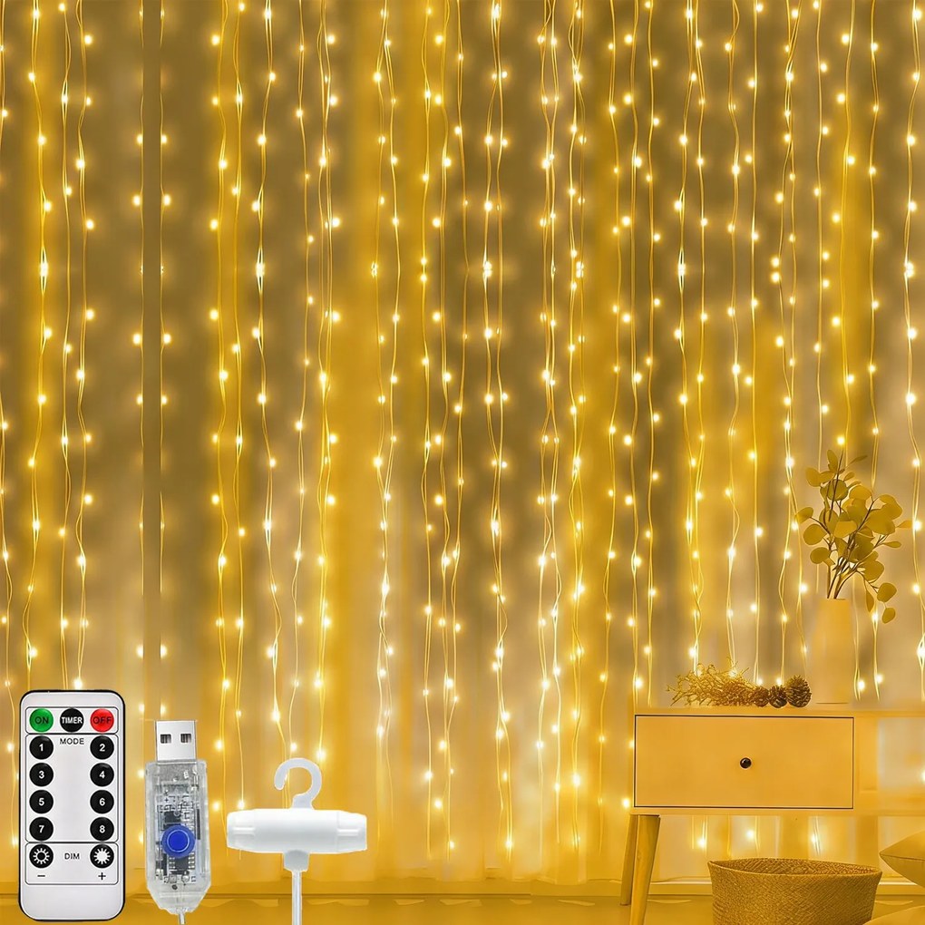 Karácsonyi Led függöny 3x3m 300LED Usb Távirányító Akasztók Meleg Fehér