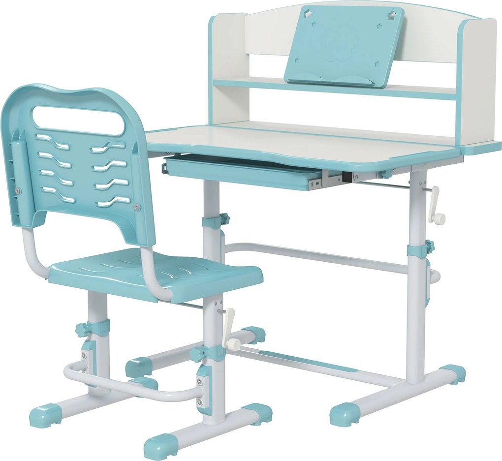 ZONEKIZ Gyermek Íróasztal és Szék, Magasságállítható Iskolai Íróasztal Állítható Fiókkal és Dőlő Felülettel, 6-12 Éveseknek, Kék | Aosom
