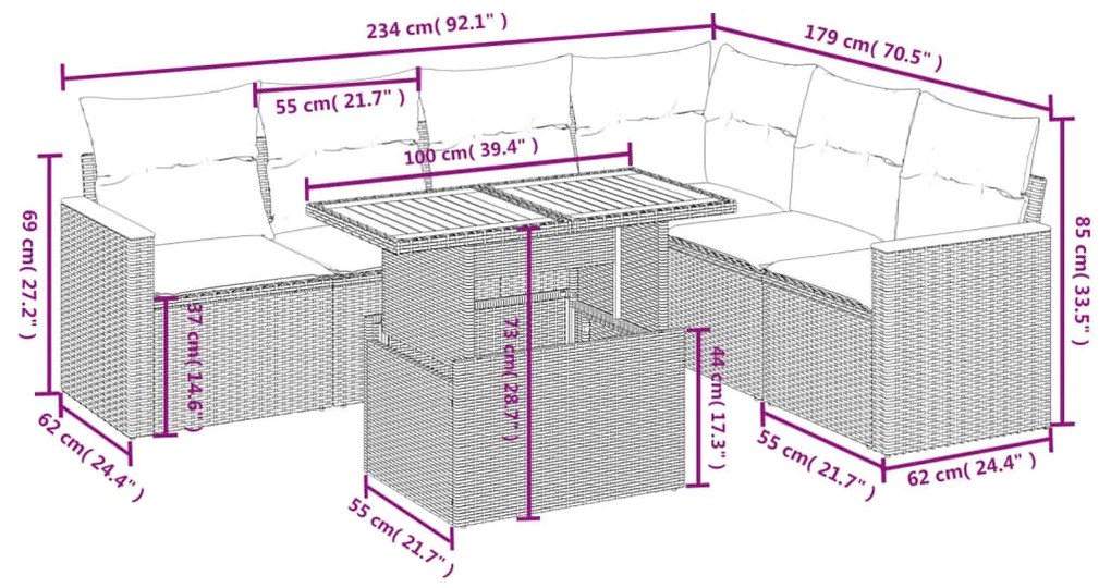 7 részes bézs polyrattan kerti ülőgarnitúra párnákkal