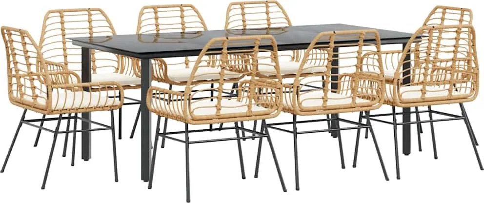 vidaXL 9 észes barna polyrattan üveg kerti étkezőgarnitúra párnával