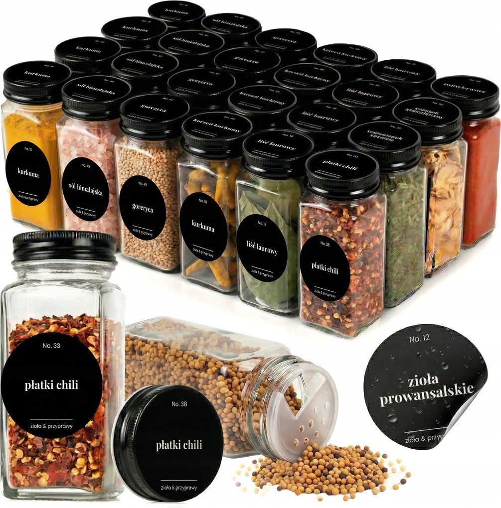 24 Üveg tárolók fűszertartó tégelyek matricák címkék a fiókhoz