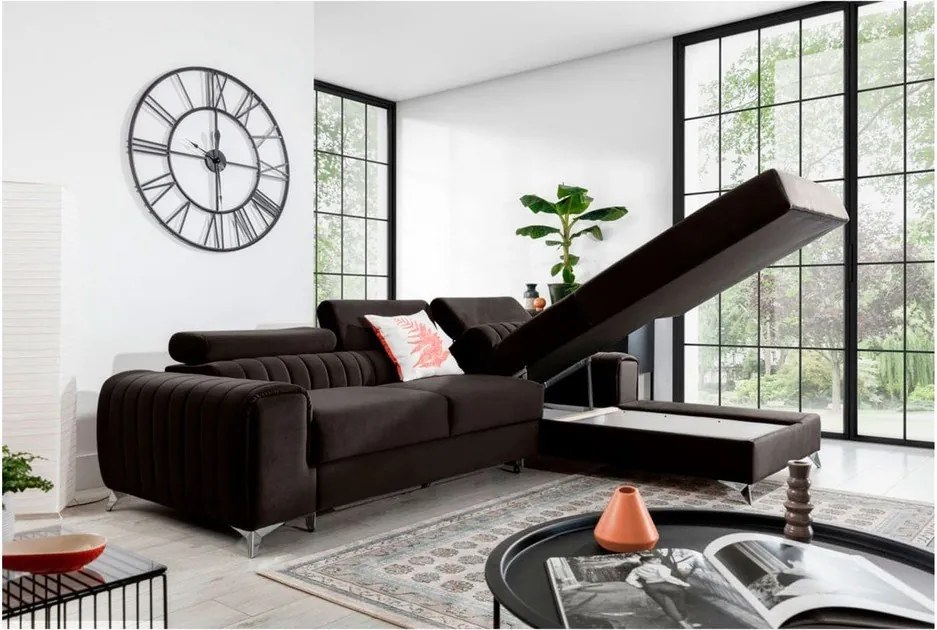 Sötétbarna bársony kinyitható-tárolóhelyes sarokkanapé (jobb oldali-heverő résszel) Grayson – ELTAP