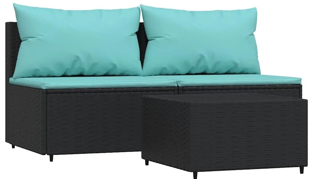 3 részes fekete polyrattan kerti ülőgarnitúra párnákkal