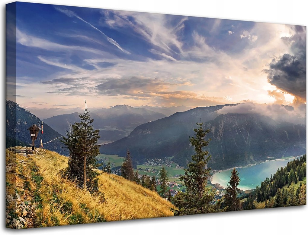 Vászonkép Nap a hegyek felett Felhők Falu 80x50 cm