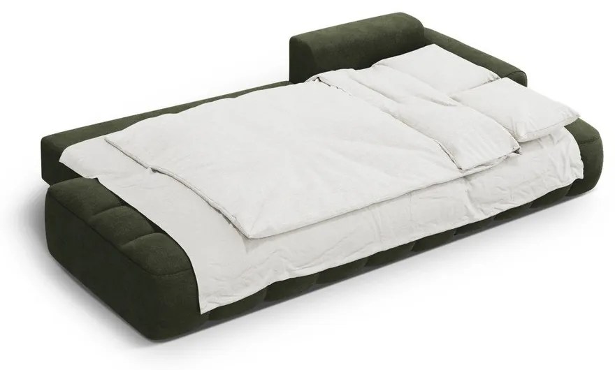 Zöld bársony kinyitható-tárolóhelyes sarokkanapé (jobb oldali-heverő résszel) Linz – Cosmopolitan Design