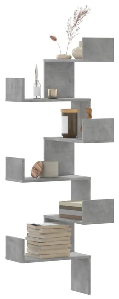 betonszürke szerelt fa fali sarokpolc 45 x 45 x 147 cm