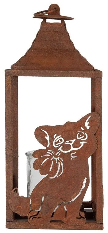 Antikolt barna fém mécsestartó lantern cicás 15x15x37 cm