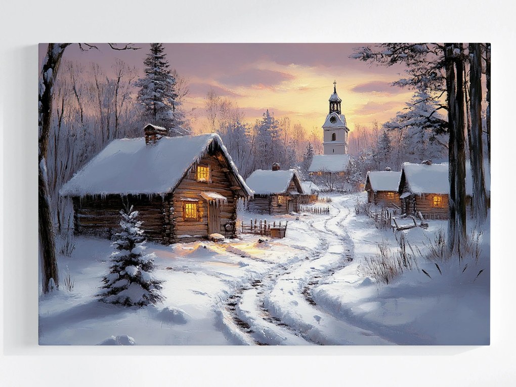 Vászonkép Canvas Tájkép Falu Templom Házak Tél Hó 60x40
