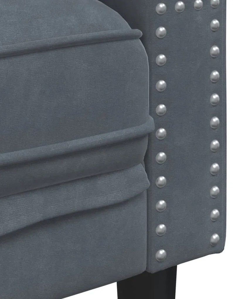 3 személyes sötétszürke bársony Chesterfield kanapé párnákkal