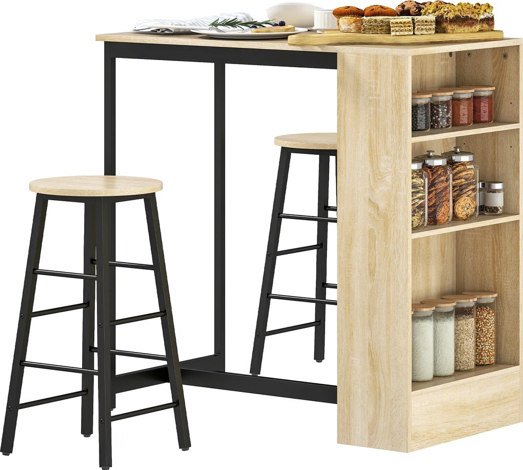 HOMCOM Bárasztal Szett Bárasztallal és Bárszékekkel, Konyhai Pulttal 2 Bárszékkel és Lábpihentetővel, Modern Konyhai Asztal 4 Állítható Polccal, Tölgy