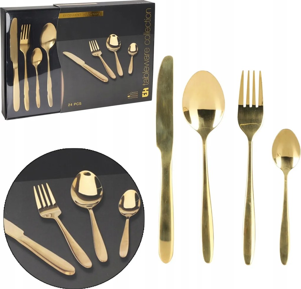 Arany színű evőeszköz készlet 6 személy részére, 24 darabos. Glamour evőeszközök díszdobozban.