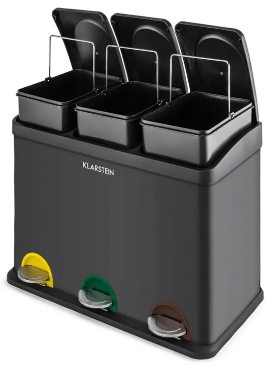 Klarstein Ökosystem, szemétkosár, pedálos kosár, hulladék osztályozó, 45l (3x15l), fekete