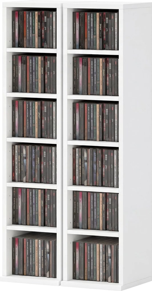 HOMCOM 2-Pack Stackable CD, DVD & Blu-ray Shelf - 6 Adjustable Compartments, Media Storage Display, 21 x 22.5 x 88.5 cm, White | Aosom