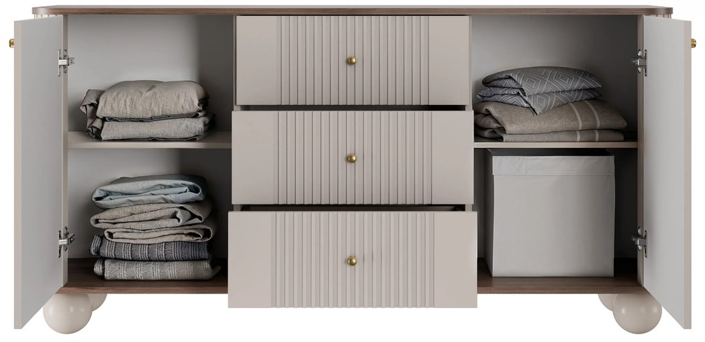 Vesper komód 160 cm fiókokkal gömb lábakon - kasmír / dió / arany fogantyúk