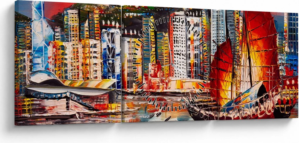 Kép - Victoria Harbour, Hong Kong, olajfestmény (órával) (90x30 cm)