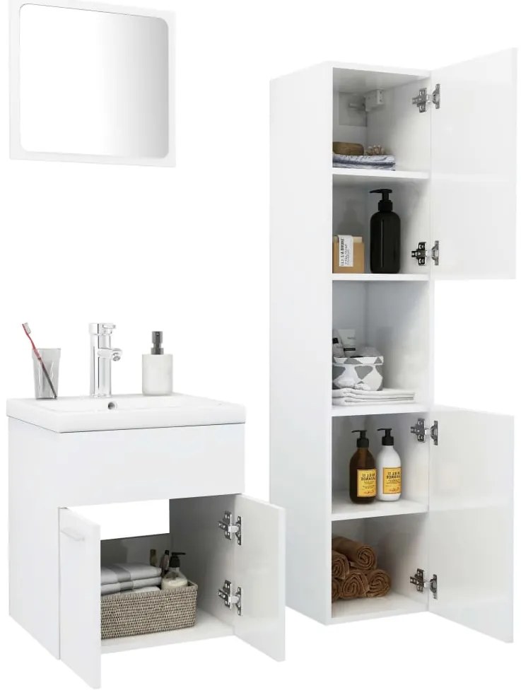 Magasfényű fehér forgácslap fürdőszobai bútorszett