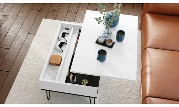 HALIJA emelhető, polcos dohányzóasztal, fehér/fekete